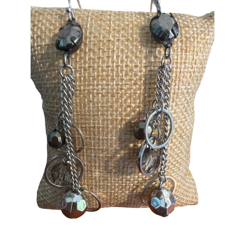 Silver Tone Dangle Earrings Multi Chain Open Circles Rhinestones Hooks 3.25"